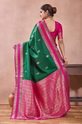 rama green zari work  silk saree traditional woven style saree with blouse piece 2