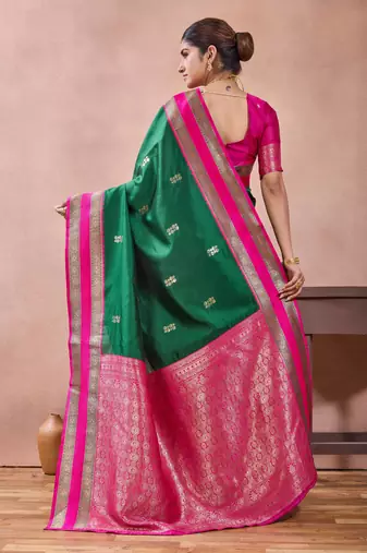 rama green zari work  silk saree traditional woven style saree with blouse piece