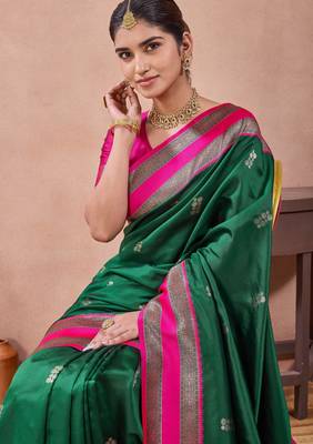rama green zari work  silk saree traditional woven style saree with blouse piece 3
