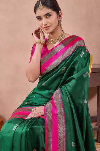 rama green zari work  silk saree traditional woven style saree with blouse piece