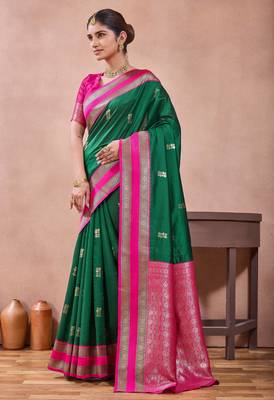 rama green zari work  silk saree traditional woven style saree with blouse piece 4