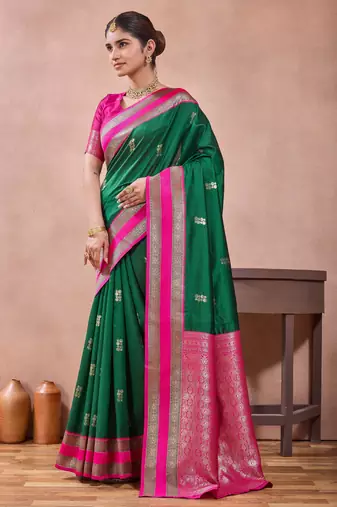 rama green zari work  silk saree traditional woven style saree with blouse piece