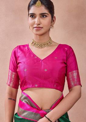 rama green zari work  silk saree traditional woven style saree with blouse piece 5