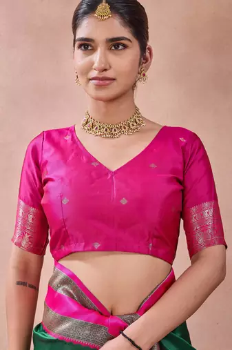 rama green zari work  silk saree traditional woven style saree with blouse piece