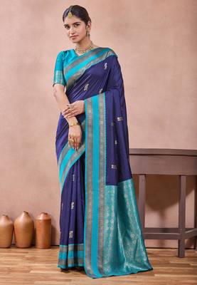 navy blue zari work  silk saree traditional woven style saree with blouse piece 1