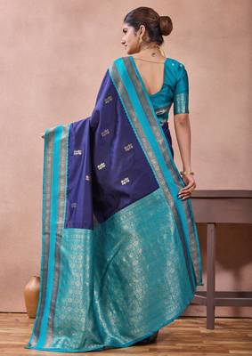 navy blue zari work  silk saree traditional woven style saree with blouse piece 2