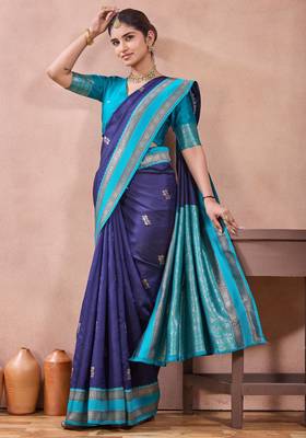 navy blue zari work  silk saree traditional woven style saree with blouse piece 3