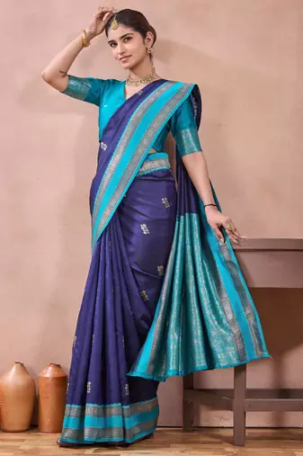 navy blue zari work  silk saree traditional woven style saree with blouse piece