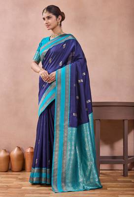 navy blue zari work  silk saree traditional woven style saree with blouse piece 4