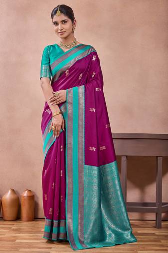 rani purple zari work  silk saree traditional woven style saree with blouse piece