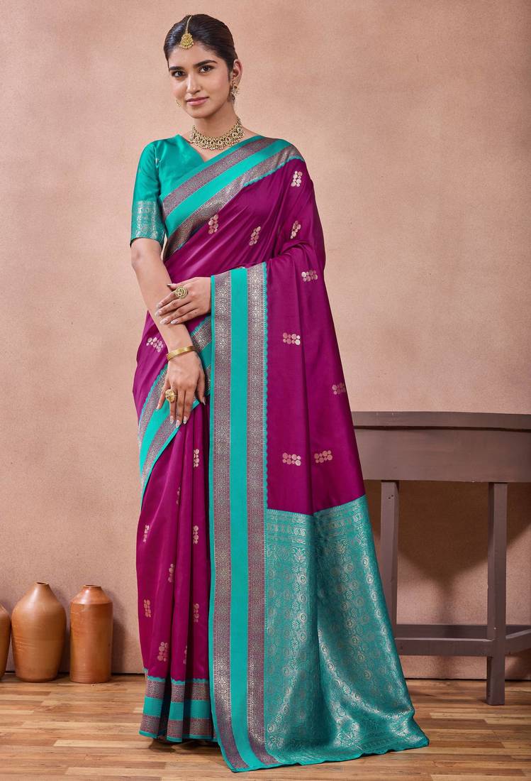 rani purple zari work  silk saree traditional woven style saree with blouse piece