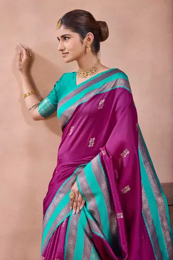 rani purple zari work  silk saree traditional woven style saree with blouse piece