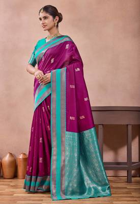 rani purple zari work  silk saree traditional woven style saree with blouse piece 4