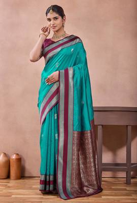 rama green zari work  silk saree with contrast wine border and pallu traditional saree with blouse 1