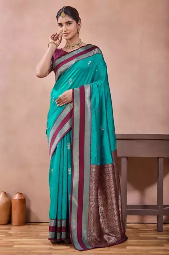 rama green zari work  silk saree with contrast wine border and pallu traditional saree with blouse