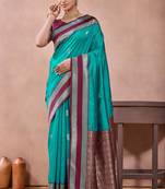 rama green zari work  silk saree with contrast wine border and pallu traditional saree with blouse