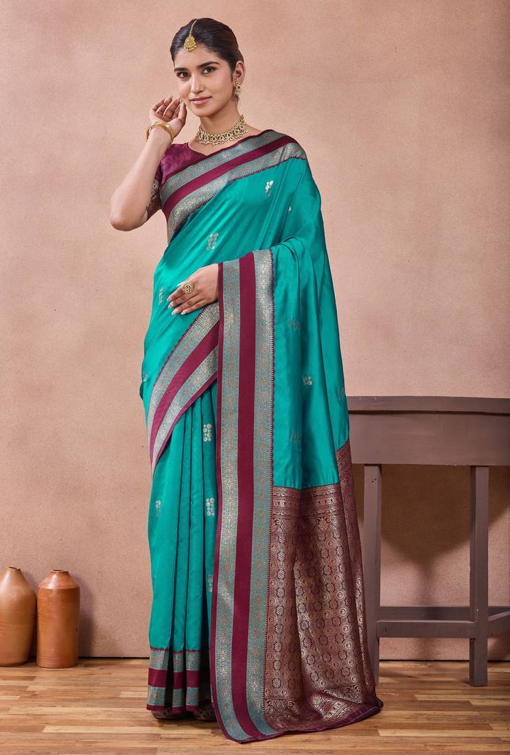 rama green zari work  silk saree with contrast wine border and pallu traditional saree with blouse