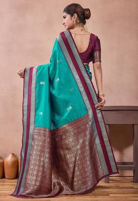 rama green zari work  silk saree with contrast wine border and pallu traditional saree with blouse 2