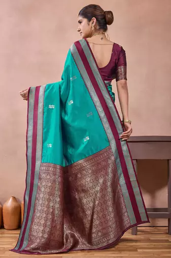 rama green zari work  silk saree with contrast wine border and pallu traditional saree with blouse
