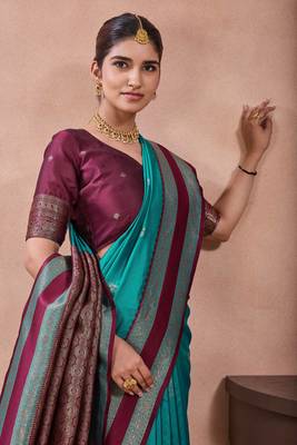 rama green zari work  silk saree with contrast wine border and pallu traditional saree with blouse 3