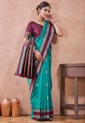 rama green zari work  silk saree with contrast wine border and pallu traditional saree with blouse 4