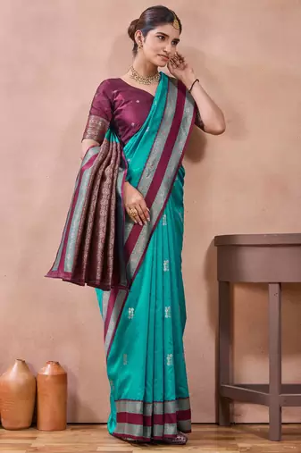 rama green zari work  silk saree with contrast wine border and pallu traditional saree with blouse