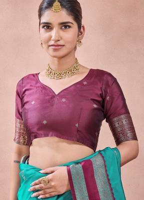 rama green zari work  silk saree with contrast wine border and pallu traditional saree with blouse 5