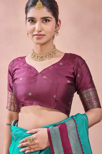 rama green zari work  silk saree with contrast wine border and pallu traditional saree with blouse