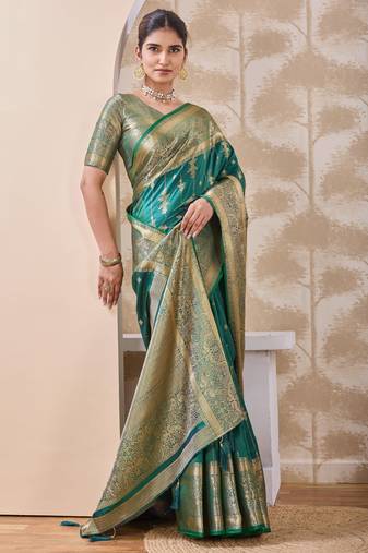 teal green zari work banarasi silk blend saree with tassels saree with blouse piece
