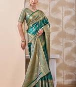 teal green zari work banarasi silk blend saree with tassels saree with blouse piece