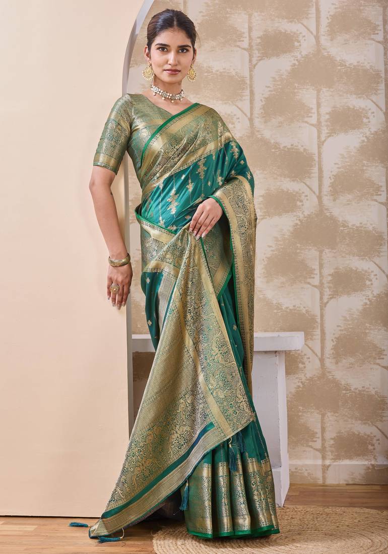 teal green zari work banarasi silk blend saree with tassels saree with blouse piece