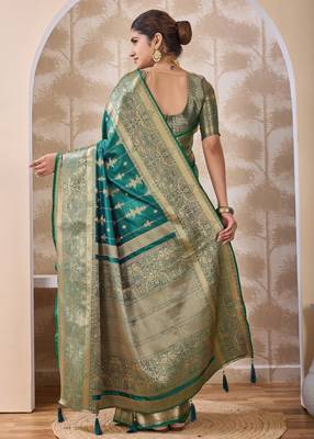 teal green zari work banarasi silk blend saree with tassels saree with blouse piece 2