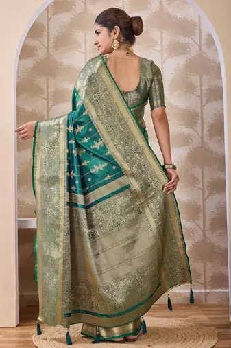 teal green zari work banarasi silk blend saree with tassels saree with blouse piece