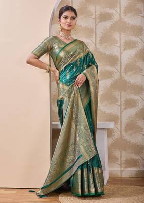 teal green zari work banarasi silk blend saree with tassels saree with blouse piece 3