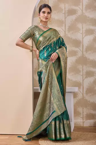 teal green zari work banarasi silk blend saree with tassels saree with blouse piece