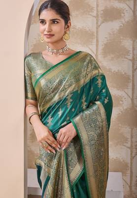 teal green zari work banarasi silk blend saree with tassels saree with blouse piece 4