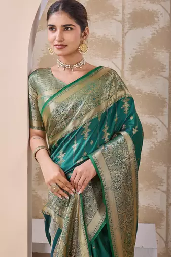 teal green zari work banarasi silk blend saree with tassels saree with blouse piece