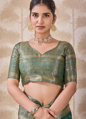 teal green zari work banarasi silk blend saree with tassels saree with blouse piece 5