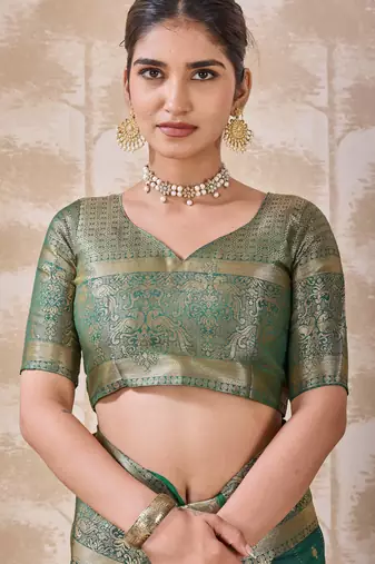 teal green zari work banarasi silk blend saree with tassels saree with blouse piece