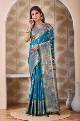 turquoise blue zari work banarasi silk blend saree with tassels saree with blouse piece 1