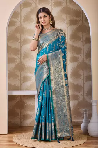 turquoise blue zari work banarasi silk blend saree with tassels saree with blouse piece