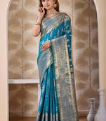 turquoise blue zari work banarasi silk blend saree with tassels saree with blouse piece