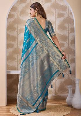 turquoise blue zari work banarasi silk blend saree with tassels saree with blouse piece 2
