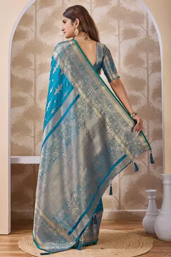 turquoise blue zari work banarasi silk blend saree with tassels saree with blouse piece