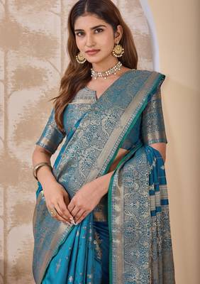 turquoise blue zari work banarasi silk blend saree with tassels saree with blouse piece 3
