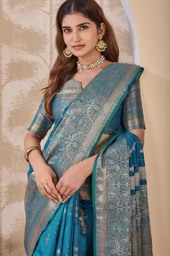 turquoise blue zari work banarasi silk blend saree with tassels saree with blouse piece