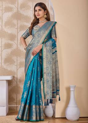 turquoise blue zari work banarasi silk blend saree with tassels saree with blouse piece 4