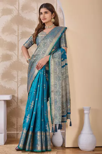 turquoise blue zari work banarasi silk blend saree with tassels saree with blouse piece
