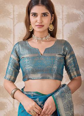 turquoise blue zari work banarasi silk blend saree with tassels saree with blouse piece 5