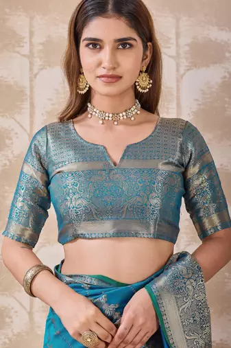 turquoise blue zari work banarasi silk blend saree with tassels saree with blouse piece